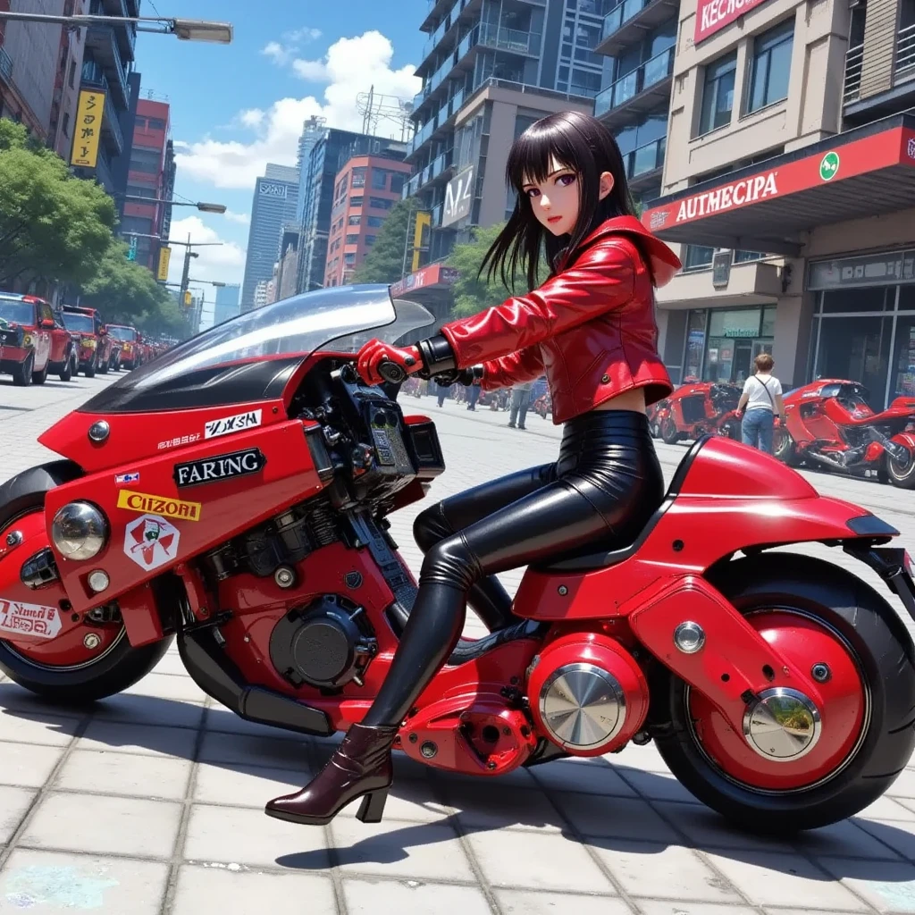 1girl,Sitting,Akira Bike,Lean back,Put your foot forward,Thick eyebrows,leather jacket and leather pants,Large scooter,Very low seat,Low vehicle height,One step ahead,Akira Bike,high resolution,masterpiece,high quality, 
(Photorealsitic:1.4),Raw photo,(super realistic details),portlate,Shadow,Beautiful Skin,detailed face and eyes,Glossy lips,female curvy beauty,Striking contrast,8K,ultrasharp,Akira Bike Red,cycling,Cyberpunk City View,Spectacular screen