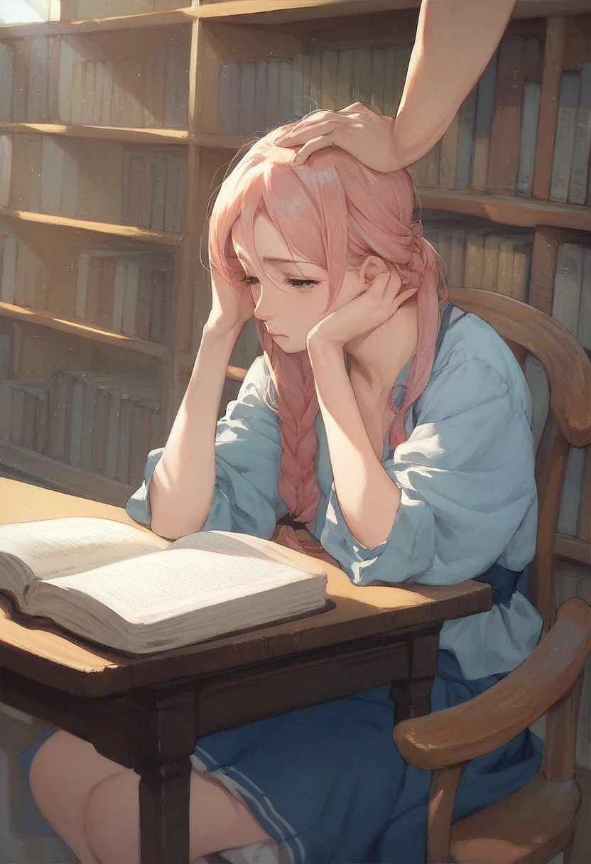 Hokuto hidaka, sitting in a seat in a library, looking at the table, looking at a book, both hands on head, stressed, stressed face, tired eyes.