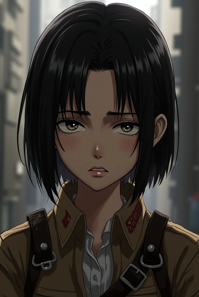  create **-****-*** Attack on Titan :   comic panel with short black hair over her shoulders, eyes "tired" Look a bit masculine , com o uniforme de attack on titan