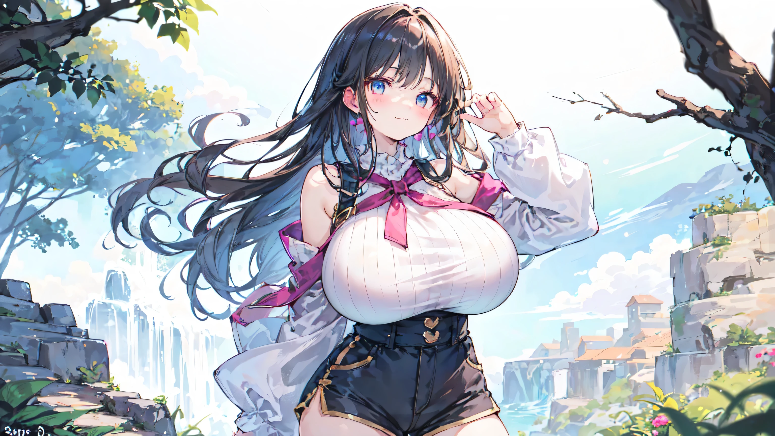 ( high-waisted shorts ),(super huge breasts:3.0, high-waisted shorts ,Adventurer&#39;s Clothes),