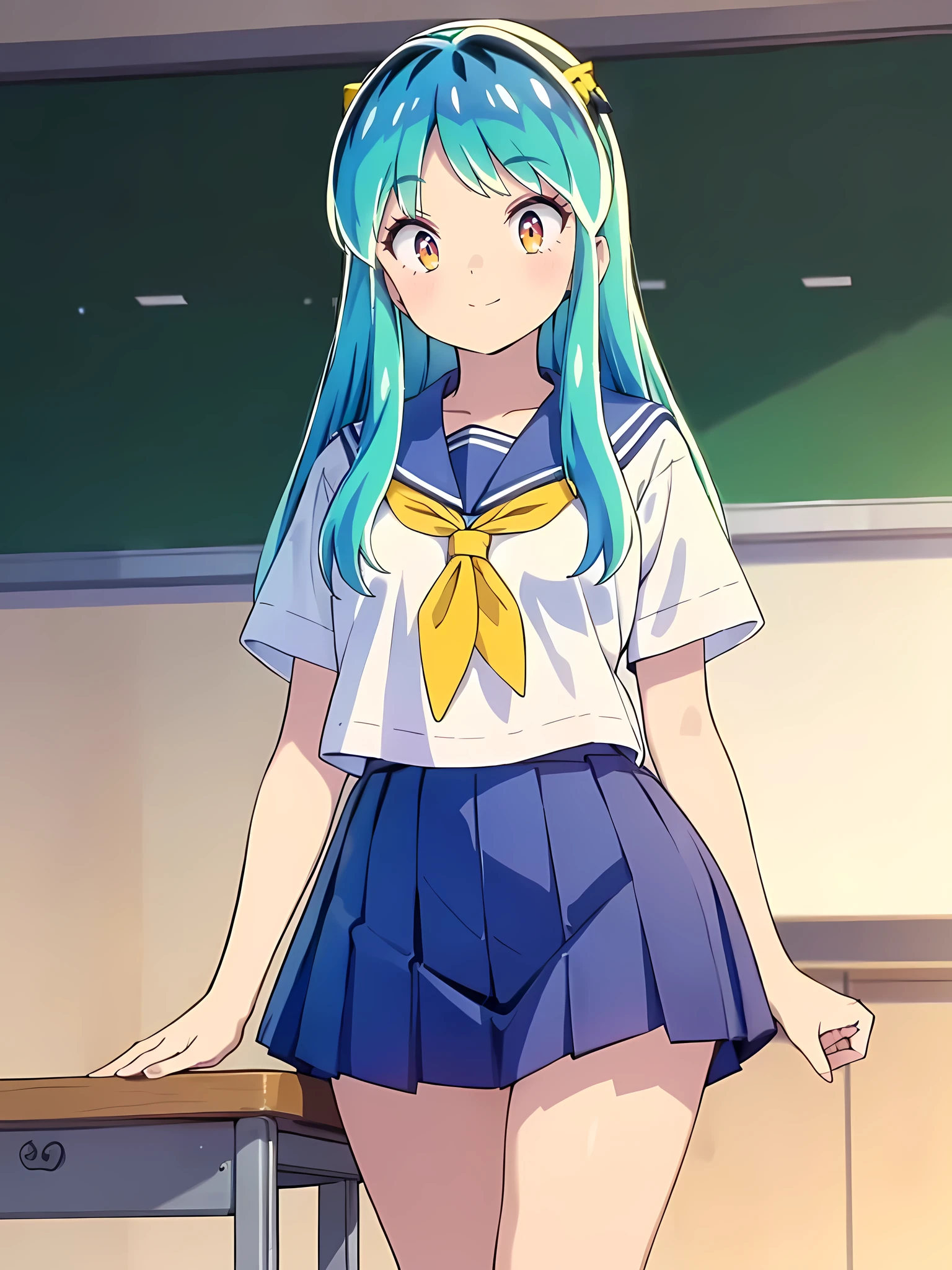 masterpiece, Best Quality, 1 Girl, Lum,  sailor suit, Summer clothes,  navy blue skirt, uniform,  Charming, 18 years old,  sexy,  is standing, Japan,  high definition, From the front, classroom, Greenish silver hair, smile,  yellow neckerchief,  white socks ,  orange sneakers, Girlish behavior