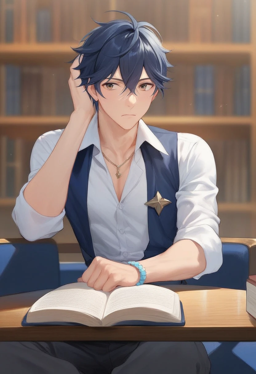 Amazing Quality, hokuto hidaka \(ensemble stars\), 1boy, male focus, solo, dark blue hair, sitting in a seat in a library, looking at the table, looking at a book, both hands on head, stressed, stressed face, tired eyes.