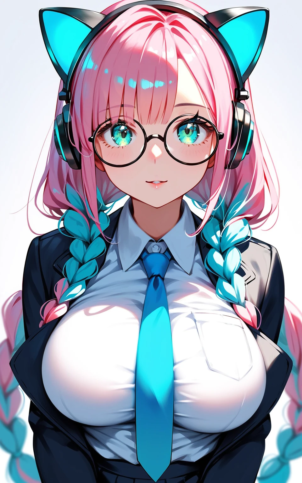 (best quality:1.2), (ultra-detailed:1.2), (2.5D:1.2), (Anime Moe Art Style), 1girl , pink hair, Cyan eyes, gradient eyes, twin braids, blue Glowing cat ear headphones, black round glasses, large breasts,secretary, (front view:1.5)