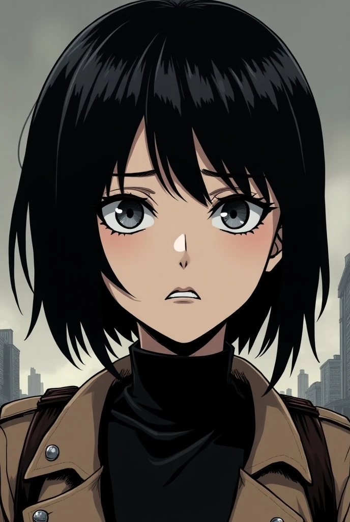  create 17-year-old Attack on Titan :   comic panel with short black hair over her shoulders, gray eyes and  "tired" Look a bit masculine , com o uniforme de attack on titan, your skin is fair,  her hair is up to her ear with a fringe in the middle ,  she wears a black turtleneck shirt under her uniform,  she doesn't look  ,  but an intimidating face 