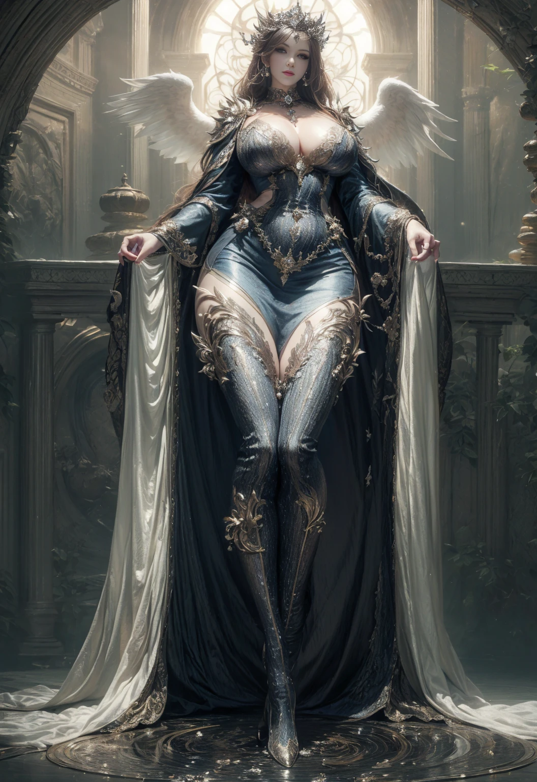 beautiful woman, perfect face, (symmetrical), beautiful lighting, centered, (close), long beautiful hair, wearing a long flowing dress, 4k, 8k, 35 mm, intricate details, incredibly detailed, Soft cinematic light, Hdr, sharp focus, ((((golden ratio)))),complexe, elegant, centered