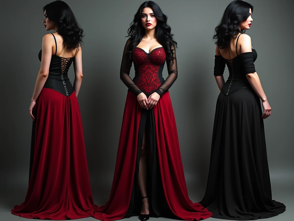Red-haired girl in long black and red dress and jewelry, fully body , three positions 