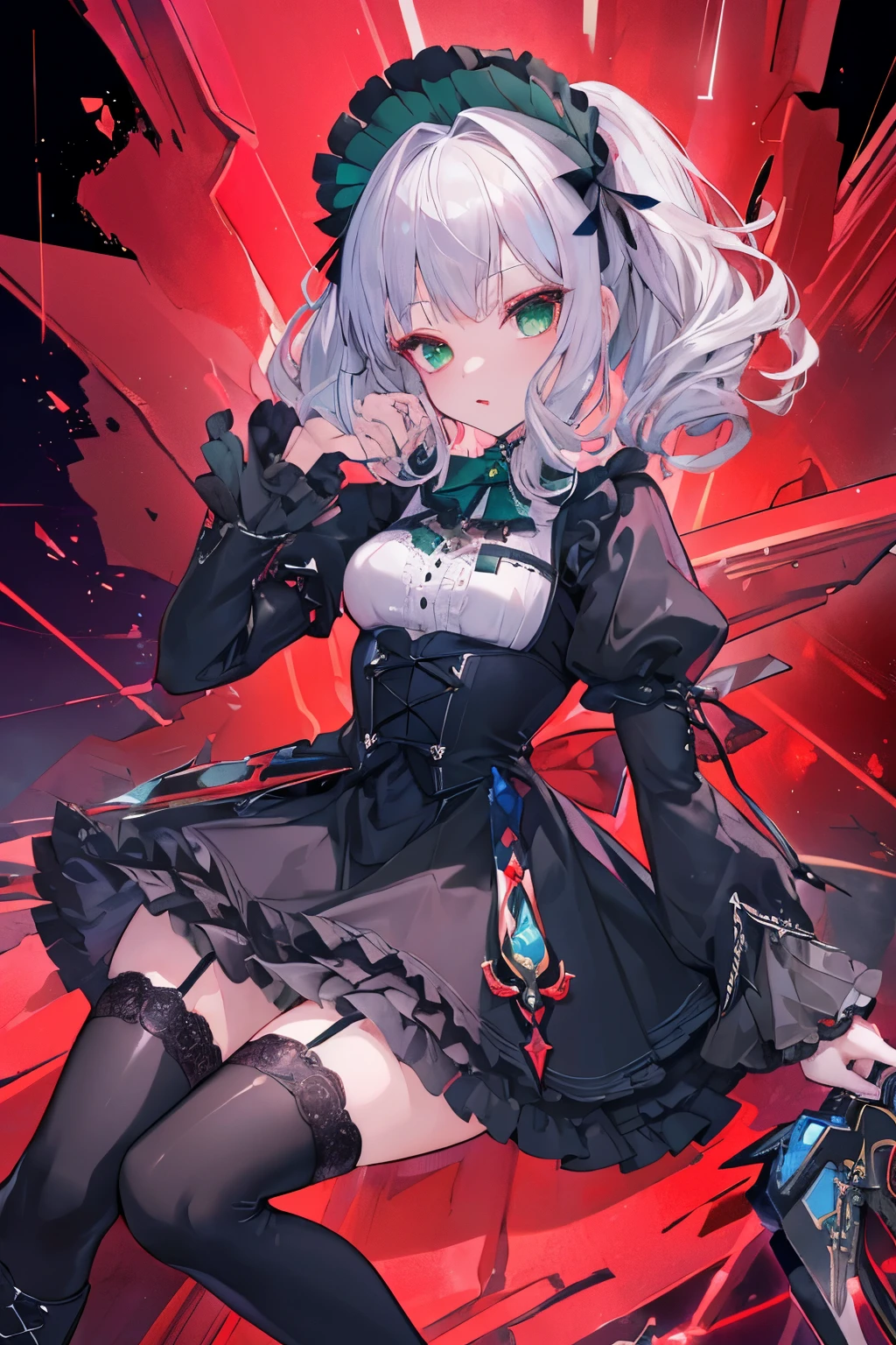 (((Top quality ultra detailed,Unity 8K))),Twin Drilling , Emerald Eyes ,Pose,blazers:1.1 ( gothic ta:1.2),, short bang, lace up boots, Silver Hair,curly hair,knife,lick'Lips, Look Down, ((Stand on the roof of a :1.3)), Look Down,smile,full body,Stangling:1.2. Leaning Forward