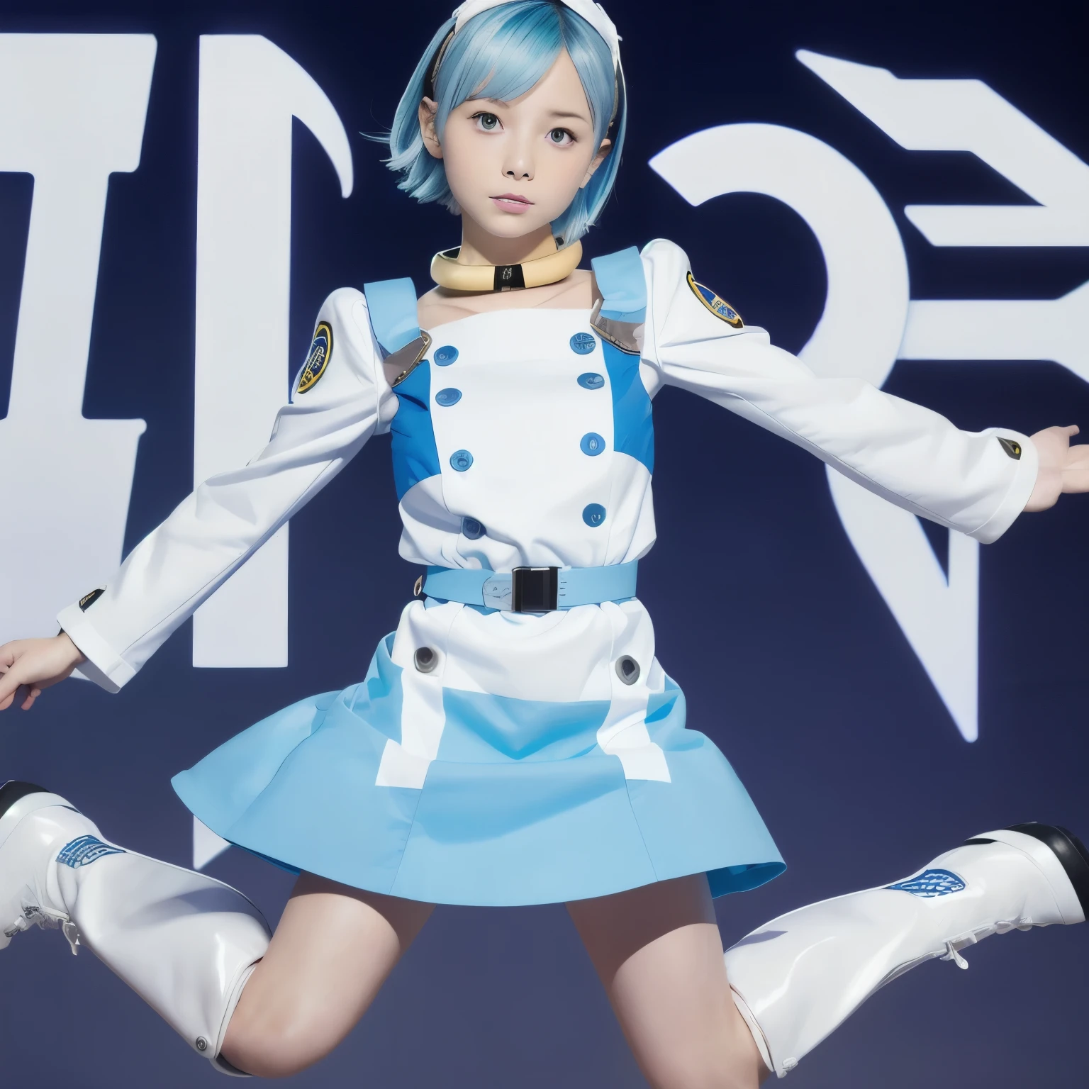 (  super high definition )、eureka、 girl、 purple eyes、 very short light blue hair 、 choker、 hair clip that invites you with your hand、White and blue dress、 Long Sleeve 、 white knee-length knee-high boots、Blue toe of boots 、 Miniskirt、Baby Face、Clear sky 、Extend your hands and legs and skydive from a flying aircraft、Dance in the sky like a kite、 The skirt lifts in the wind and the white shorts peek out、Speed、
