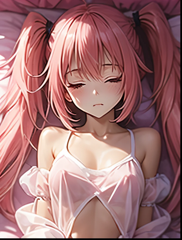 （（（ＳＦＷ、Precision、Highest quality、A first-class masterpiece、Normal body、8k、  Detailed Face 、Ultra-precision、 Normal hand、５refer to、Highest）））、-That Time I Got Reincarnated as a Slime-、Milim Nava、Pink hair、 Twin Tails、Nipple erection、white camisole with transparent nipples、see-through sleepwear、 is embarrassing、blush、bedroom、First Night