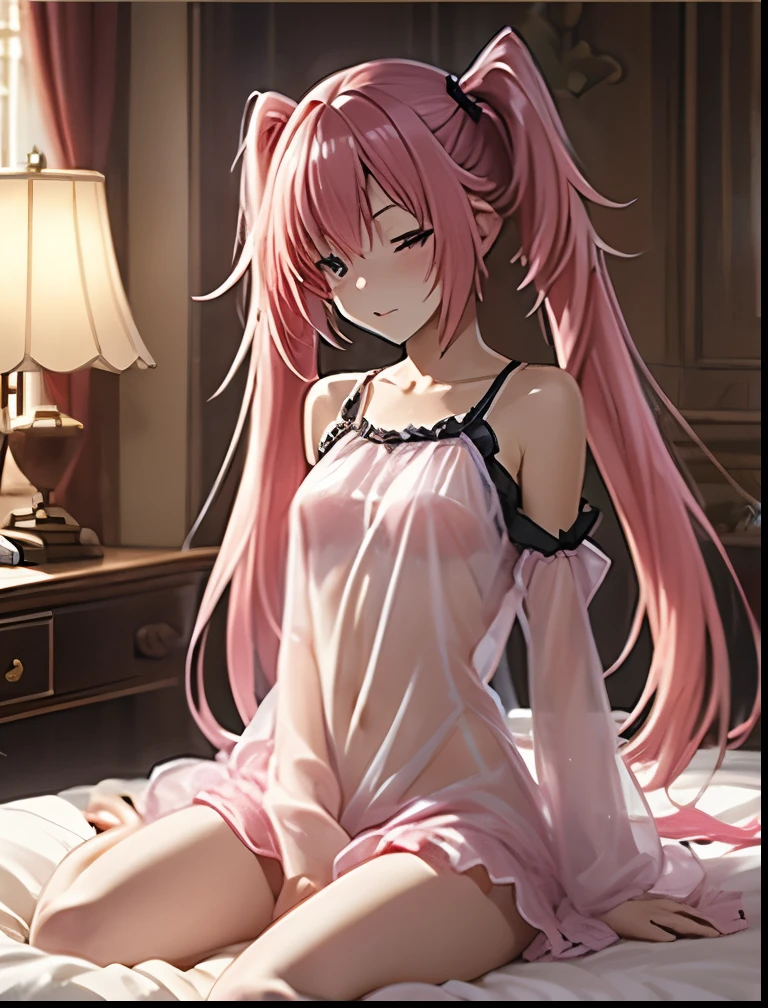 （（（ＳＦＷ、Precision、Highest quality、A first-class masterpiece、Normal body、8k、  Detailed Face 、Ultra-precision、 Normal hand、５refer to、Highest）））、-That Time I Got Reincarnated as a Slime-、Milim Nava、Pink hair、 Twin Tails、Nipple erection、white camisole with transparent nipples、see-through sexy sleepwear、 is embarrassing、blush、bedroom、First Night