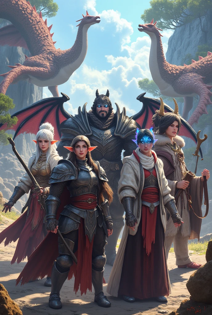  reality, Photo quality,4K,Photo Quality, A fantasy adventure group consisting of 5 female members :  the first one is a white-skinned, white-skinned woman with short white hair , red eyes, with soft, pointed ears, Wearing silver armor, Carrying a bow.  The second one is a tall woman with dragon wings , Glowing blue eyes,  wears black knight armor ,  has a large shield and hoko .  and the 3rd person is a white-skinned female humanoid devil , has two short, twisted black horns,  has long black hair tied at the back , wearing a long robe with a thick collar, holding a spell book、 Carrying a Big Backpack.  the fourth person is a white fox humanoid creature 、wearing a female priestess' garb,  walking ahead .  the 5th one is a martial artist woman 、 has a folded stick , She has 2 horns on her head 、 wears a short Chinese dress . the group is standing together,  and behind them are big dragons, giant white foxes, and demons