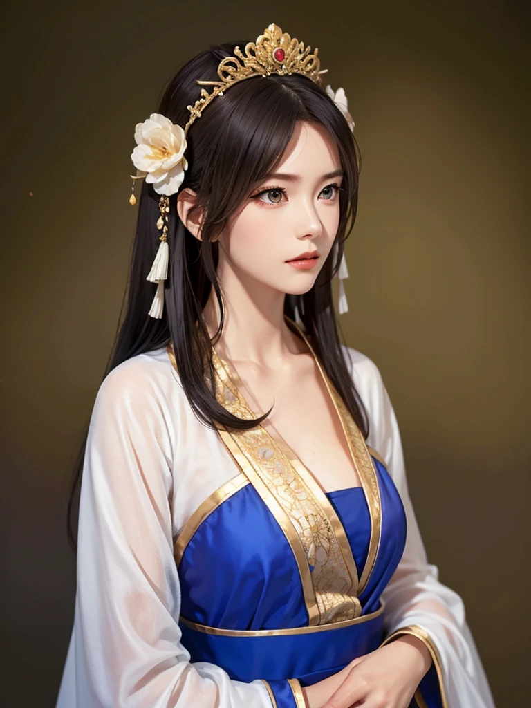 ancient chinese princess ， A girl wearing Hanfu, visual audience，,  young girl 、Delicate body, Exquisite Eyes , Big 、Long hair,、Hair accessories Han Dynasty、Eternal,whole body、Lower Body，Three Kingdoms， (solid color background,,  simple background), Smoky environment, Adds a touch of mystery and drama to the scene. Soft and even lighting, Casts soft shadows, Create an atmosphere of seriousness and focus.