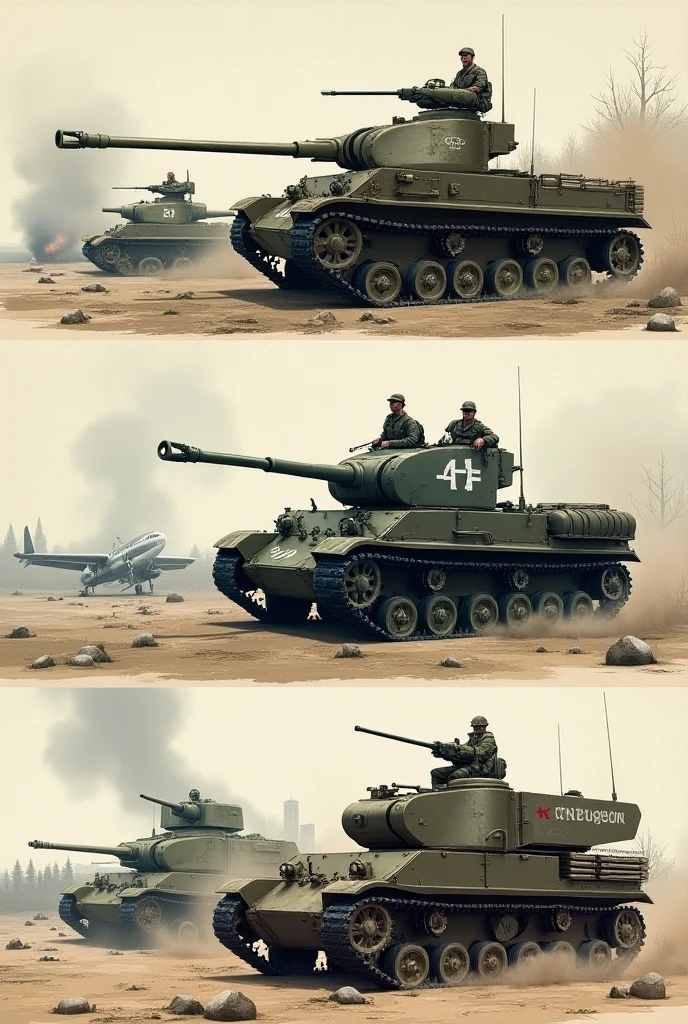 (masterpiece, symbolic, illustration, best quality:1.3), visual representation of a battlefield panorama, (tank formations advancing:1.2), rockets streaking across the sky, harmonious color palette of chaos and destruction, detailed depictions of soldiers in strategic positions, (bridging firepower and strategy:1.1), symbolic gestures of coordinated warfare, flourishing landscapes of war-torn zones, detailed expressions reflecting the ferocity of battle, vibrant textures, high-resolution rendering, a visual journey through the depth and chaos of a warfront collage.