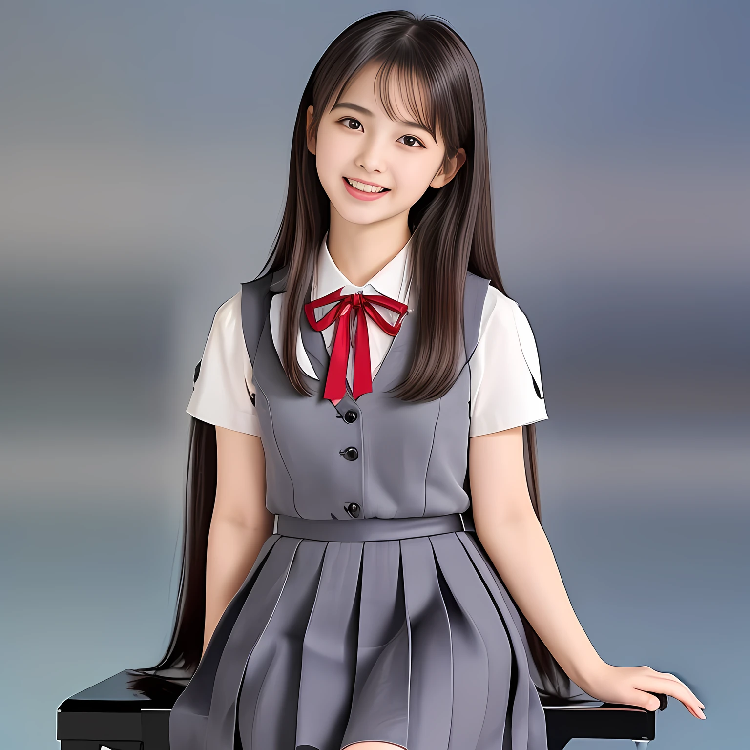 (Highest quality, masterpiece:1.2), Highest quality, High resolution, 1080P, 8k, height: 158cm, (A yo Japanese beautiful fashion model is seated playing a piano, looking at the viewer, can't stop showing cute smile open mouth because of feeling too funny about the viewer, playing a transparent grand piano, very white-white face, very proud of her long straight hair, using face-whitening cosmetics, prominent cool eyes, opened laughing giggling most open mouth, gray-gray-blue school summer uniform with gray-gray-blue vest and widely-boxed-pleats-short-skirt and silk blouse and red breast ribbon pulled by her hands, well-straitened super-super-long well-trimmed long hair: 1.5), (white thighs and knees: 1.7), (Well-balanced, prominent, lovely, drooping, double-eyelids, brown shiny large prominent eyes with detailed: 1.5), (gray-gray-blue school uniform with gray-gray-blue vest and boxed-pleats-skirt, short-sleeves silk blouse, glossy red breast ribbon: 1.5), ((Beautiful well-figured glossy opened lips like fortissimo soprano singer: 1.2)), (mature breast), (Girl whom everyone loves because of her beauty and beautiful eyes and lovely fashion and noble manner), (Very beautiful, glossy, cute neat black amazingly long hair, straight well-done long hair-style: 1.3), (Drives me crazy for her glossy neat long hair and Make me fall into love), (plain blue background: 1.6), (Best style like a 13 fashion model, mature breast), (((Completely balanced beautiful big big eyes, looking at me))), (eyes, face and hair are especially beautifully detailed and beautifully drawn: 1.5), (Satisfactory best shot by professional famous photographer for school girl's beauty: 1.5), (The soft white light clearly shows her face extremely white: 1.2), (Very soft laughing cheeks, very soft hands pulling the breast ribbon down, People who touch it feel eternal pleasure: 1.2), (pure-pure, 13yo too much beautiful idol of 1990's Japan: 1.8)