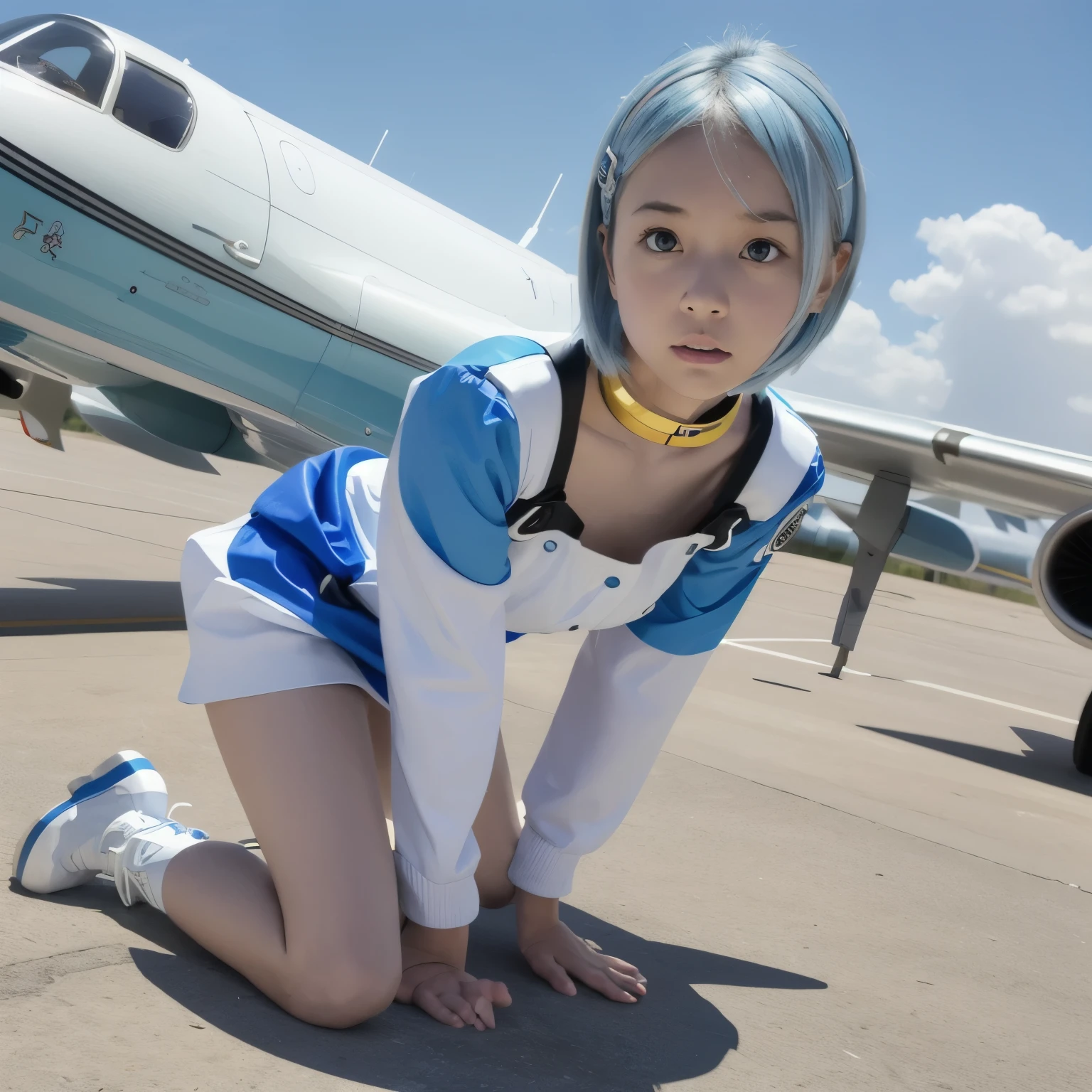 (  super high definition )、eureka、Adult female、 purple eyes、 very short light blue hair 、 choker、 hair clip that invites you with your hand、White and blue dress、 Long Sleeve 、 white knee-length knee-high boots、Blue toe of boots 、 Miniskirt、、Clear sky 、Extend your hands and legs and skydive from a flying aircraft、Dance in the sky like a kite、 The skirt lifts in the wind and the white shorts peek out、Speed、
