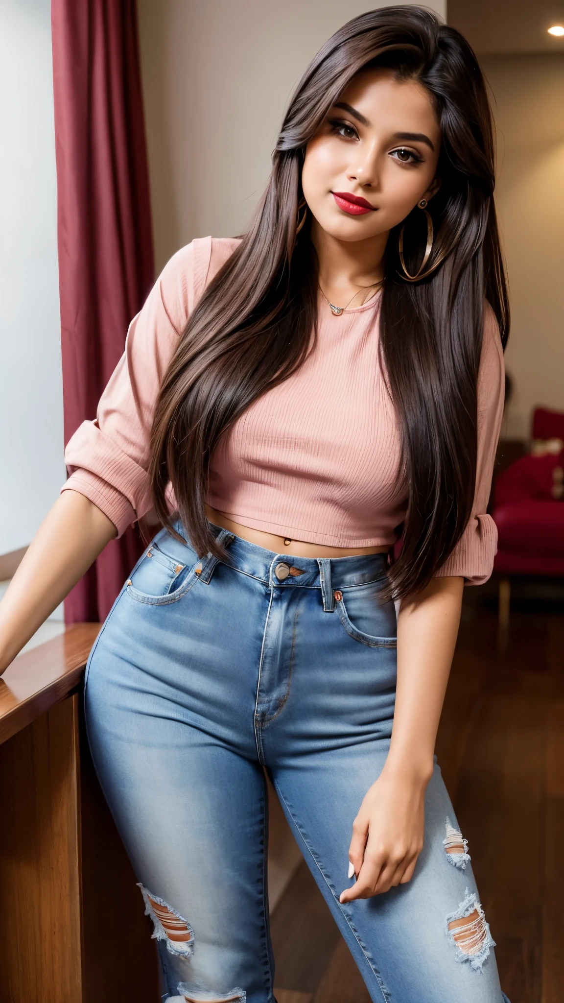 RAW, Best quality, high resolution, Masterpiece: 1.3), Beautiful Malay woman ,Masterpiece, best quality,8k, brown eyes, perfect eyes,???????????, gigantic ????, white sweater, jeans, perfect body, black hair, long hair, beautiful woman, smile, eyelashes, perfect face,
