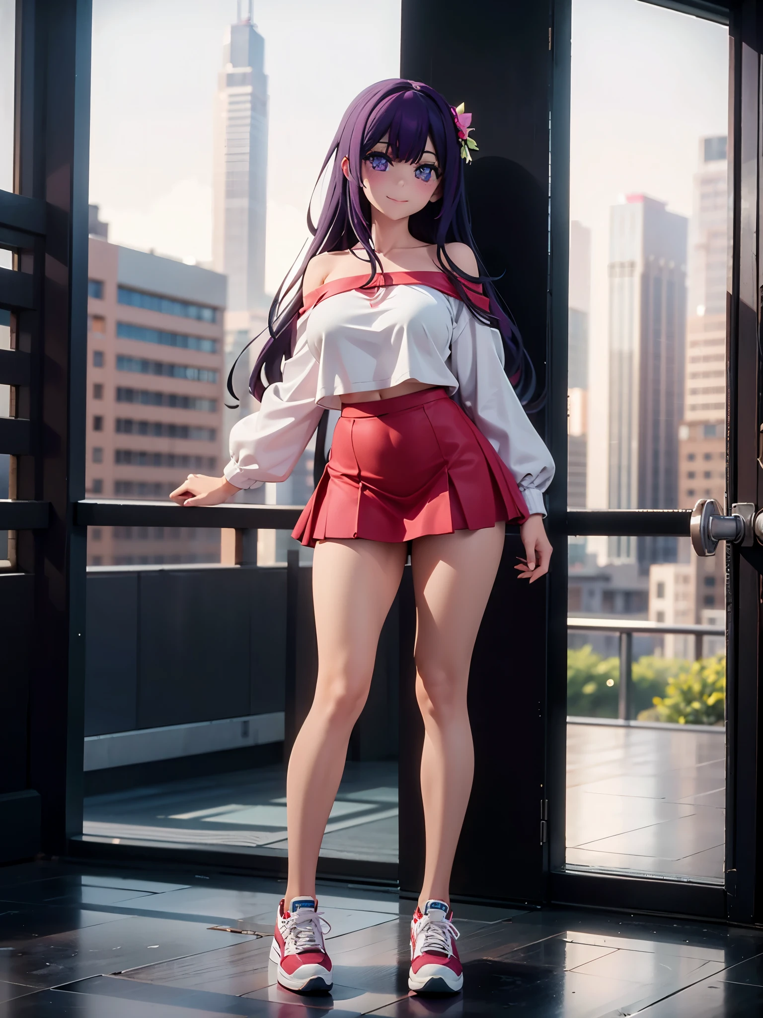 realistic image, coherent image, detailed image, 1 beautiful girl. She has purple hair, long hair. Her eyes are berry pink, with a six-pointed star in each of her eyes, long eyelashes. Her face is oval and delicate, smiling. She is wearing a long-sleeved off-the-shoulder t-shirt, showing her navel, pleated mini skirt, sneakers, she has a curvy body, medium breasts, thick thighs, urban background, surrounded by buildings, natural lighting, volumetric lighting,