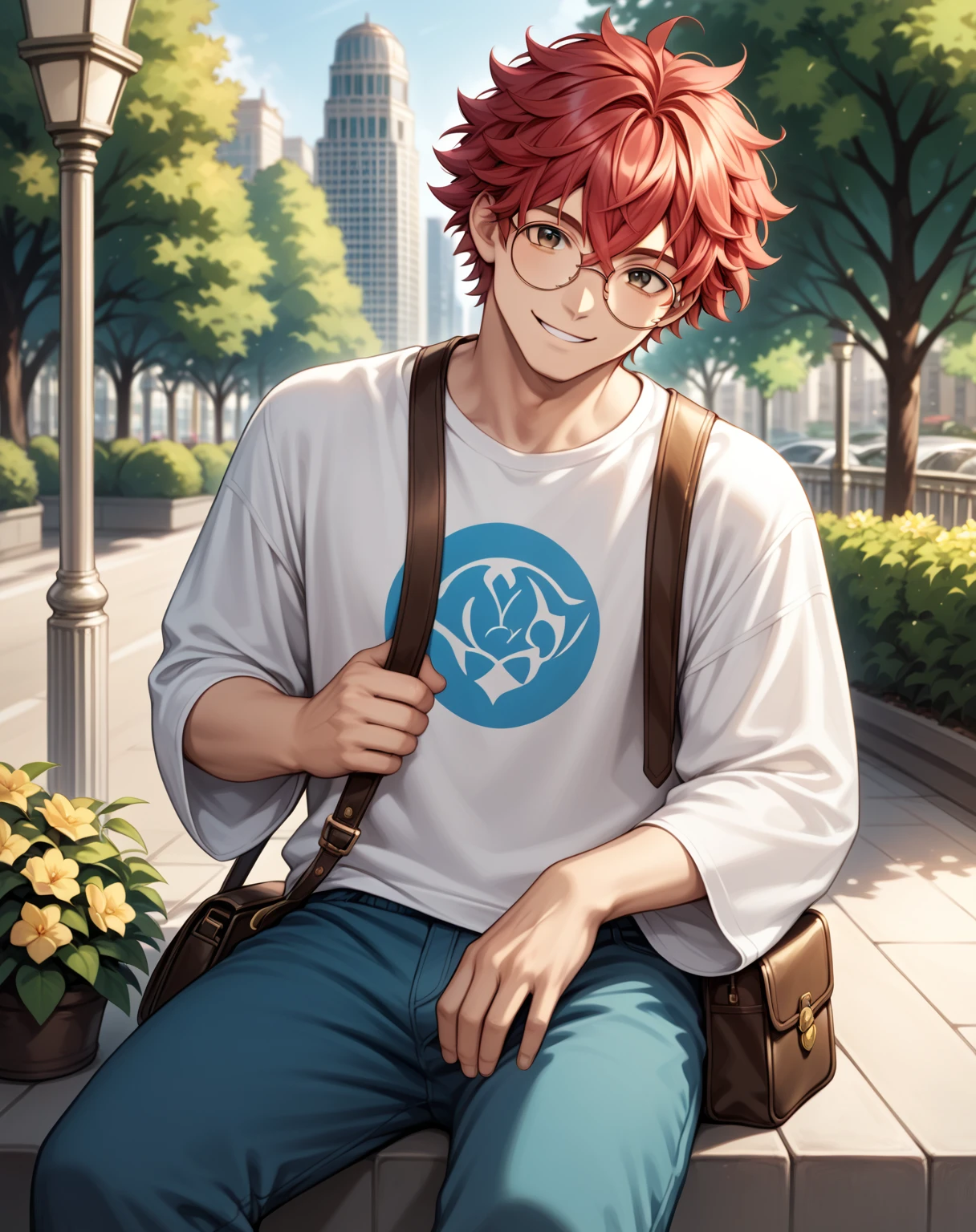 core_9,score_8_up,score_7_up,),score_9,score_8_up,score_7_up, {{anime, cowboy shot, source_anime, outdoors, city, park, colorful, vibrant, looking at viewer, solo, sitting on ledge}} male, handsome, cute, crimson hair, short hair, fluffy hair, round eyewear, crossed bangs, baggy pants, oversized shirt, satchel, gentle smile, head tilt.
