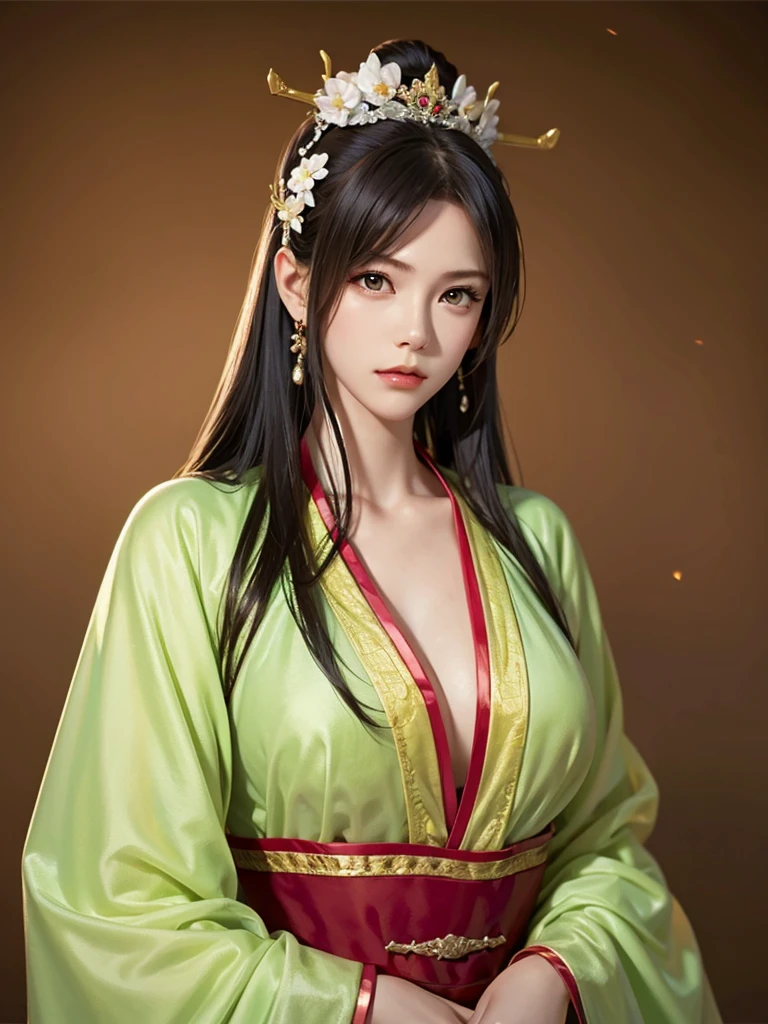 ancient chinese princess ， A girl wearing Hanfu, visual audience，,  young girl 、Delicate body, Exquisite Eyes , Big 、Long hair,、Hair accessories Han Dynasty、Eternal,whole body、Lower Body，Three Kingdoms， (solid color background,,  simple background), Smoky environment, Adds a touch of mystery and drama to the scene. Soft and even lighting, Casts soft shadows, Create an atmosphere of seriousness and focus.