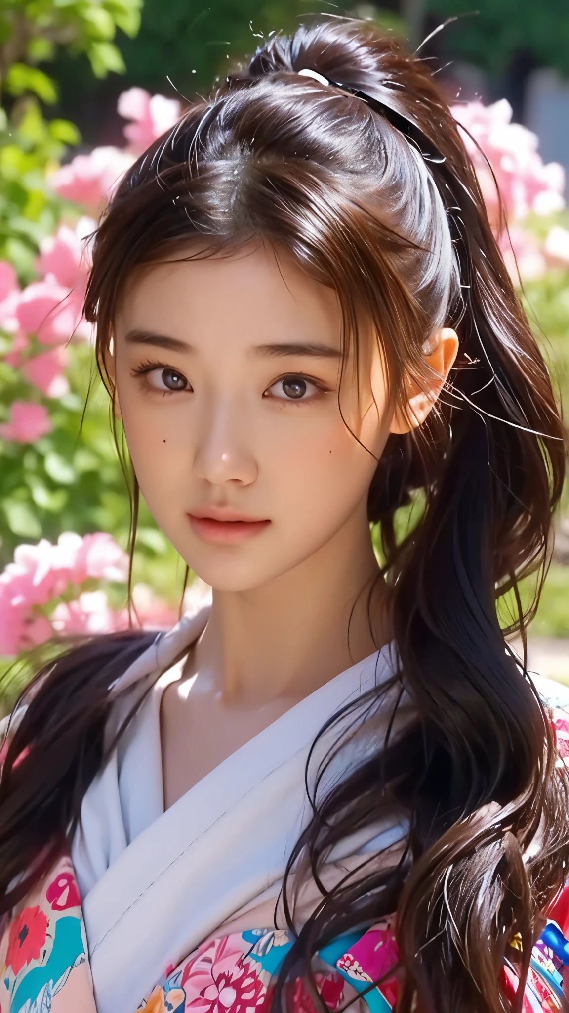 (masterpiece), (top quality), (highly detailed), (messy hair), (illustration), (1girl), (fashionable clothing), standing, fashion model, looking at viewer, (interview), (simple background), beautiful detailed eyes, delicate beauty, floating, (high saturation), (color splash), colorful bubbles, (shining), focus on face, ponytail, Ayaka Kamisato, bangs, scrunchie, floating flowers, flowing hair, (shining), best lighting, best shadows, perfect hands