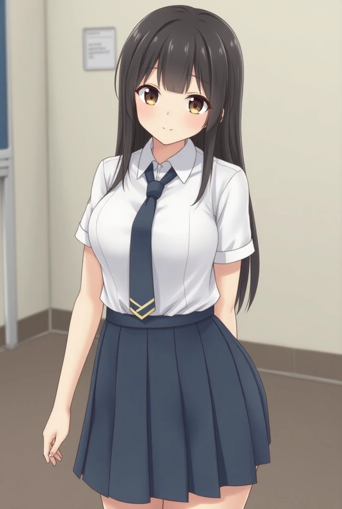 masterpiece, Highest quality, 8k, Young and beautiful, Baby Face、Clothed Big Tits、((((((10 years old)))))),((Large Breasts:1.3)), photo shoot, Cute Face, Thighs, classroom, Embarrassing、smile、 compensate, 10 generations, Detailed face, Background blur、Long Hair、Black Hair、Tight waist,((school uniform、White shirt、Checked mini skirt))、Black knee-high socks