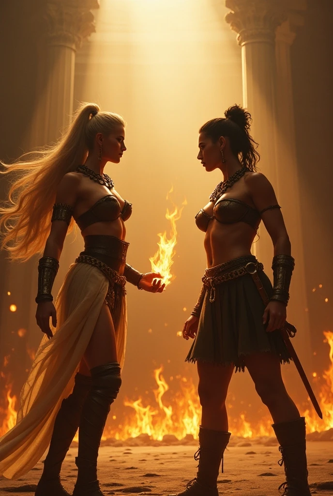 At night on the battlefield in front of the walls of Troy, Penthesilea (The Queen of the Amazons) tenderly holds the still body of Achilles. They are both dressed for battle. Hhe appears to be sleeping. She\e cries and kissed him lovingly.