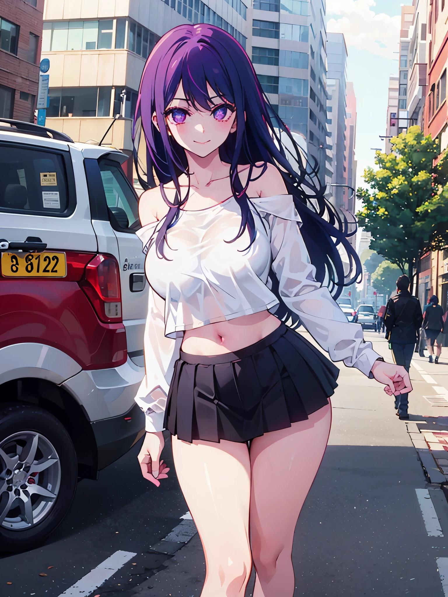 realistic image, coherent image, detailed image, 1 beautiful girl. She has purple hair, long hair. Her eyes are berry pink, with a six-pointed star in each of her eyes, long eyelashes. Her face is oval and delicate, smiling. She is wearing a long-sleeved off-the-shoulder t-shirt, showing her navel, pleated mini skirt, sneakers, she has a curvy body, medium breasts, thick thighs, urban background, surrounded by buildings, natural lighting, volumetric lighting,