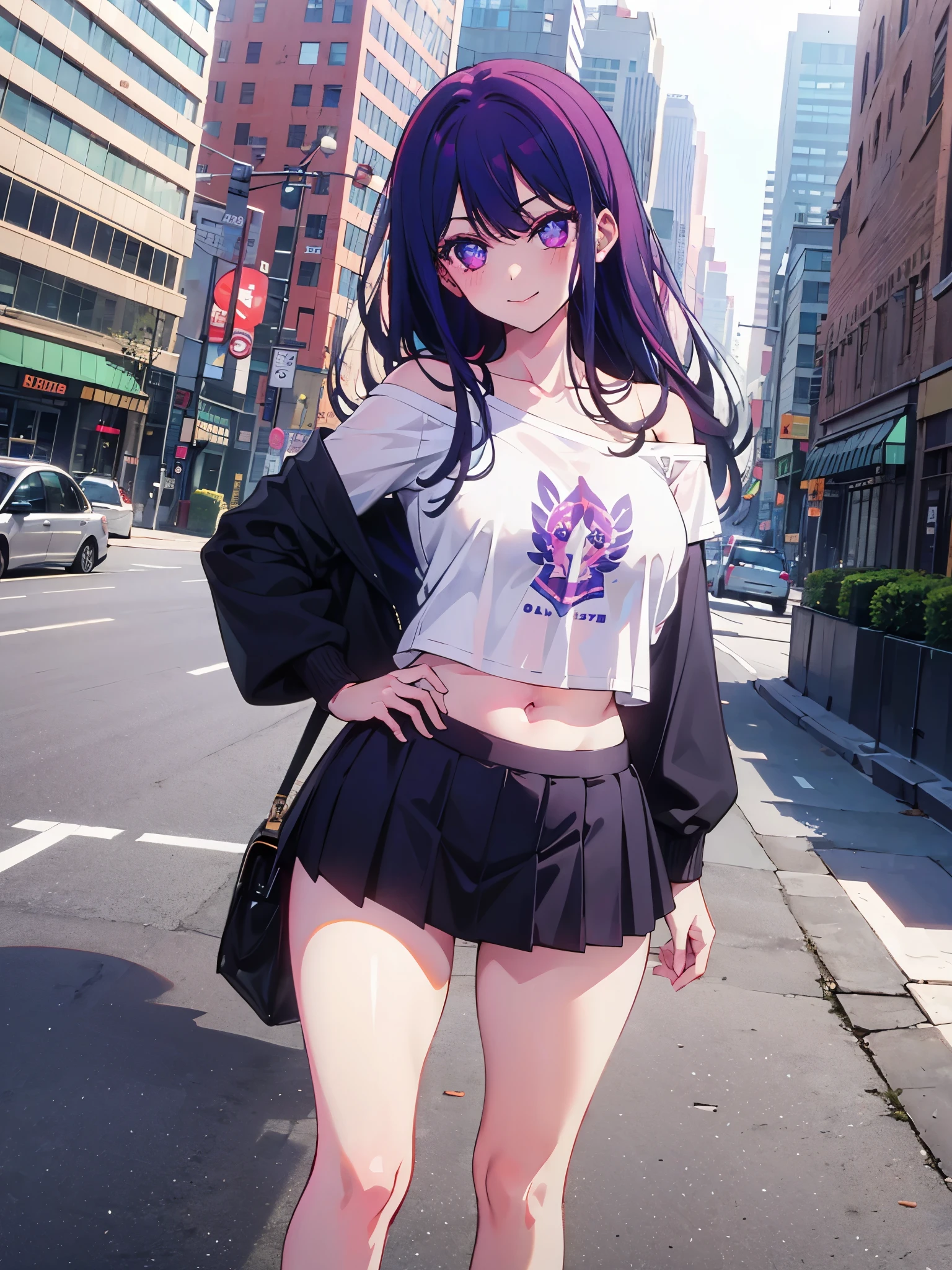 realistic image, coherent image, detailed image, 1 beautiful girl. She has purple hair, long hair. Her eyes are berry pink, with a six-pointed star in each of her eyes, long eyelashes. Her face is oval and delicate, smiling. She is wearing a long-sleeved off-the-shoulder t-shirt, showing her navel, pleated mini skirt, sneakers, she has a curvy body, medium breasts, thick thighs, urban background, surrounded by buildings, natural lighting, volumetric lighting,