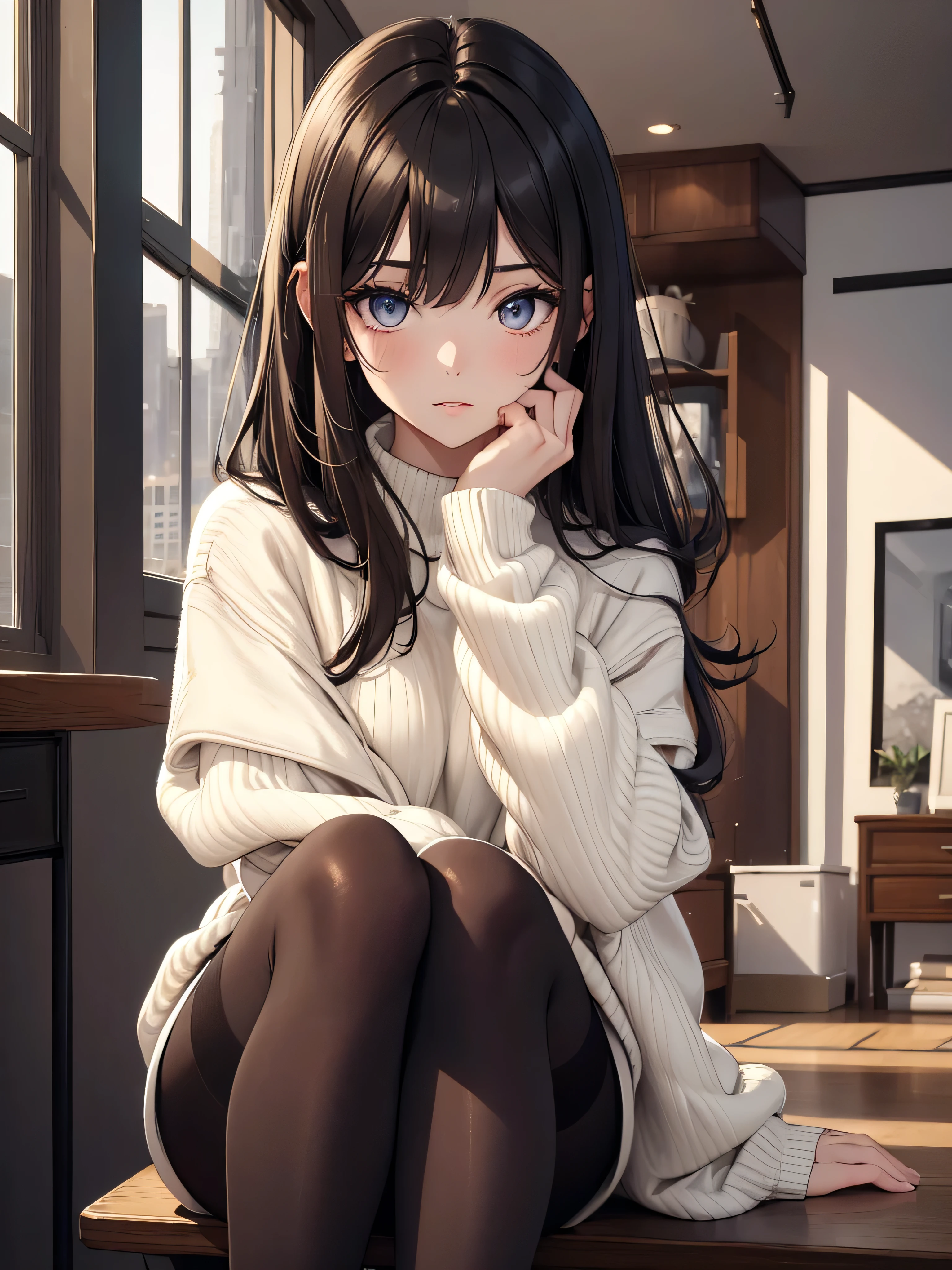 1girl, sitting on a cozy couch, crossing legs, soft light