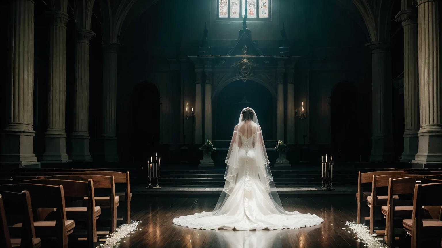 A ghost bride from the 60s with a bloody ax in her hands with her back looking back out of the corner of her eye in a church scene from a horror film, poster At night