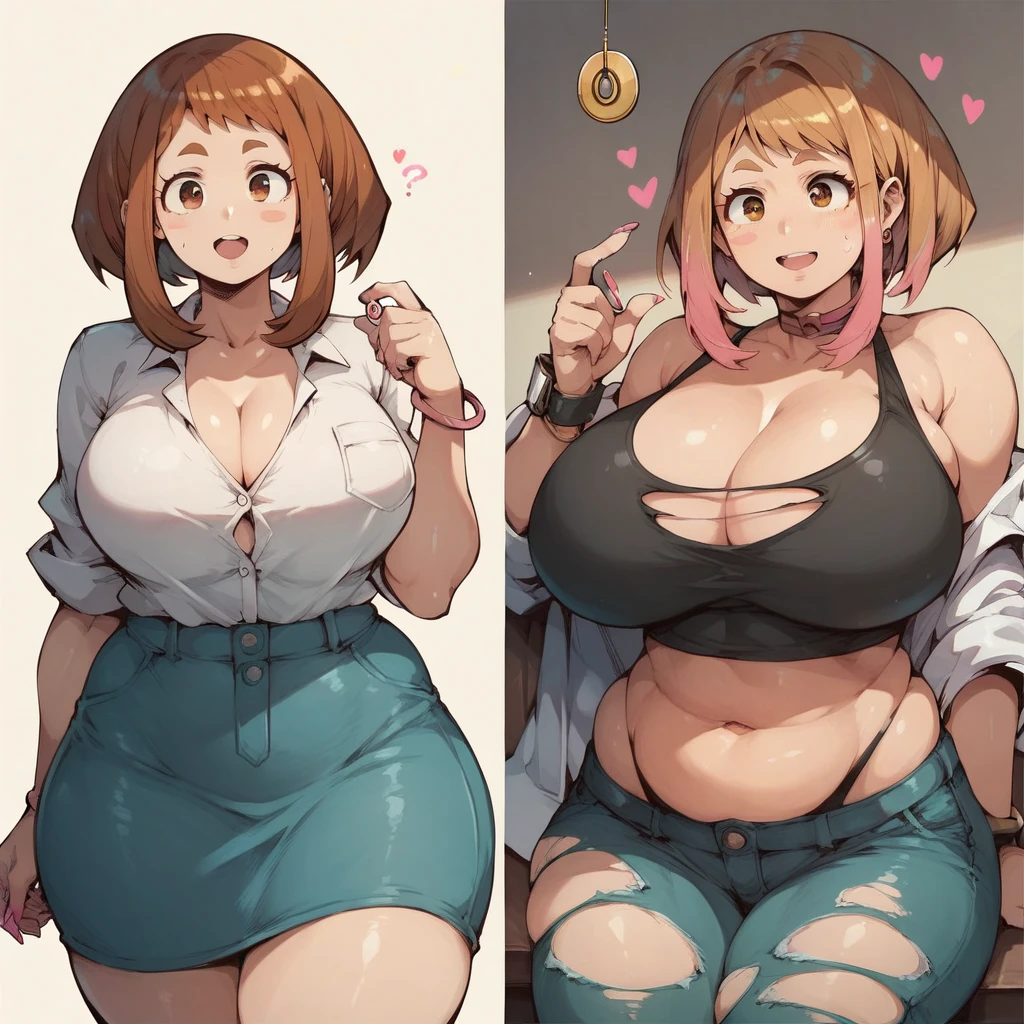 score_9 score_9,score_8_up,score_7_up, (uraraka ochako), 1girl, gyaru, (plump), b1mbofication, before and after, (transformation), hypnosis, (huge breasts), (huge ass), (ripped clothing)