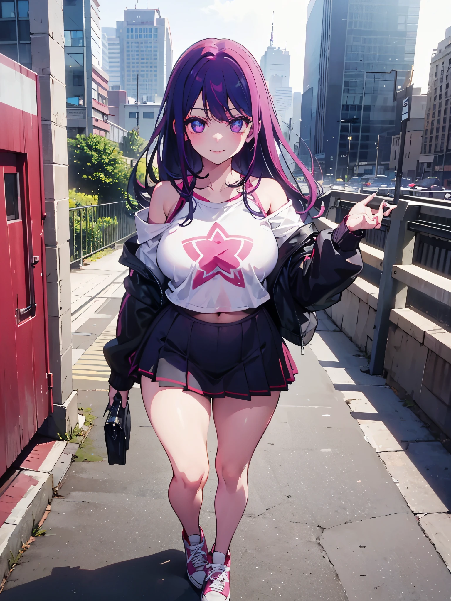 realistic image, coherent image, detailed image, 1 beautiful girl. She has purple hair, long hair. Her eyes are berry pink, with a six-pointed star in each of her eyes, long eyelashes. Her face is oval and delicate, smiling. She is wearing a long-sleeved off-the-shoulder t-shirt, showing her navel, pleated mini skirt, sneakers, she has a curvy body, medium breasts, thick thighs, urban background, surrounded by buildings, natural lighting, volumetric lighting,