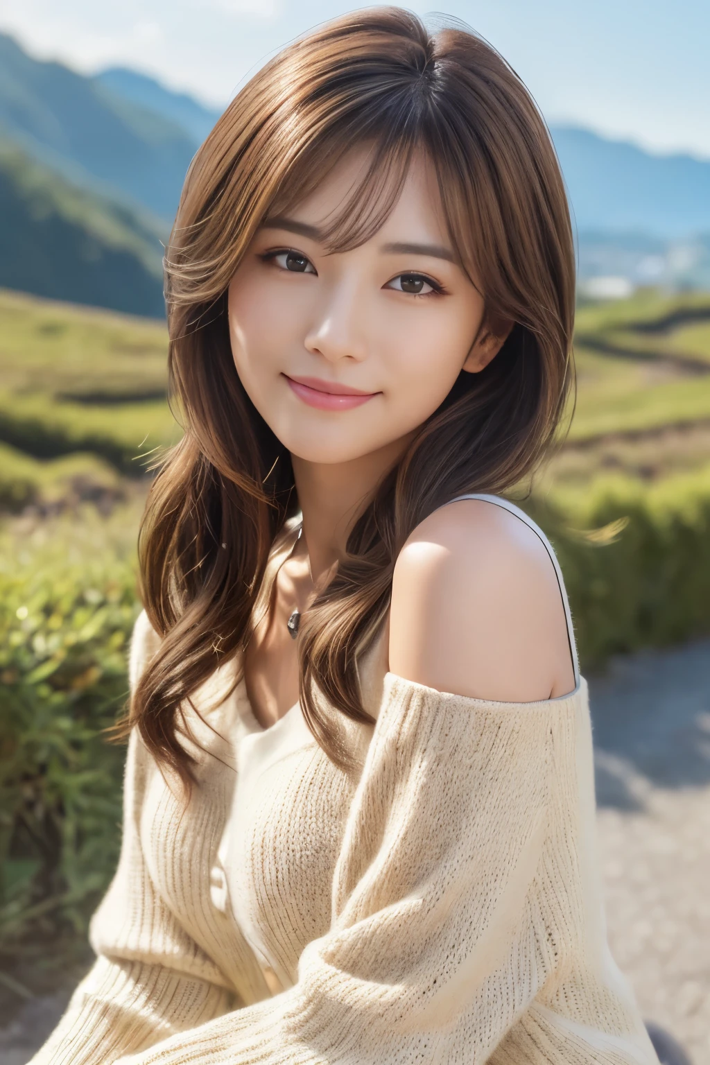 highest quality、genuine、Super detailed、finely、High resolution、8k wallpaper、one beautiful woman、、、light brown disheveled hair、wearing a tank top、sharp focus、perfect dynamic composition、beautiful and detailed eyes、thin hair、Detailed genuine skin texture、smile、model body shape、In a windswept meadow