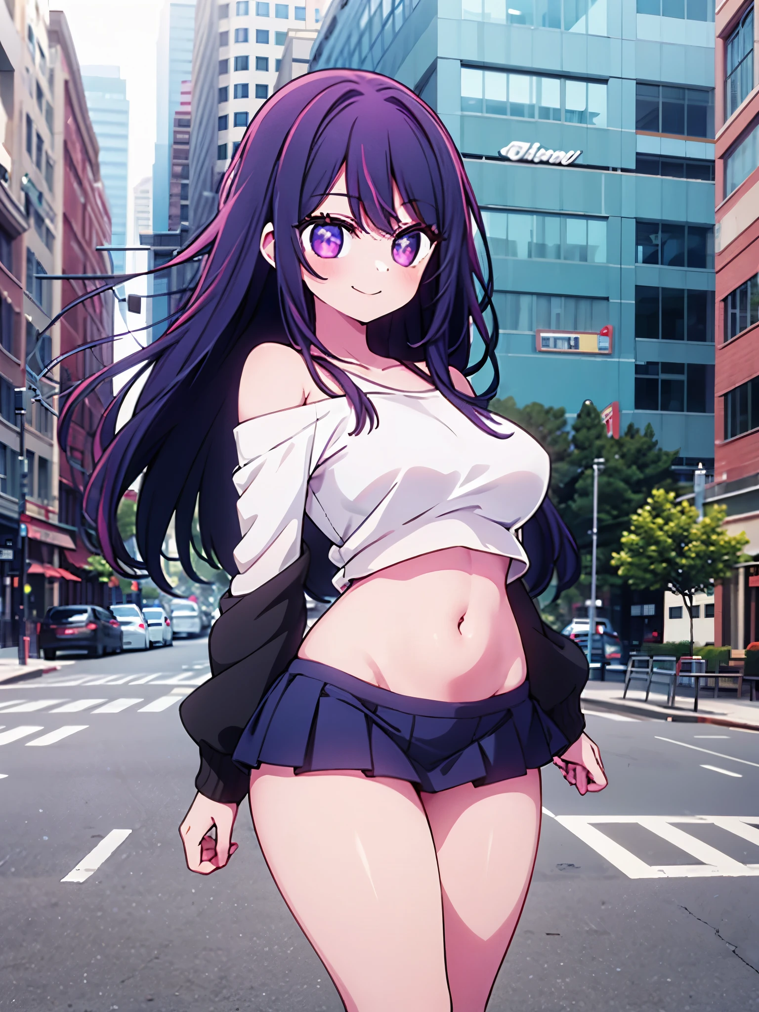 realistic image, coherent image, detailed image, 1 beautiful girl. She has purple hair, long hair. Her eyes are berry pink, with a six-pointed star in each of her eyes, long eyelashes. Her face is oval and delicate, smiling. She is wearing a long-sleeved off-the-shoulder t-shirt, showing her navel, pleated mini skirt, sneakers, she has a curvy body, medium breasts, thick thighs, urban background, surrounded by buildings, natural lighting, volumetric lighting,