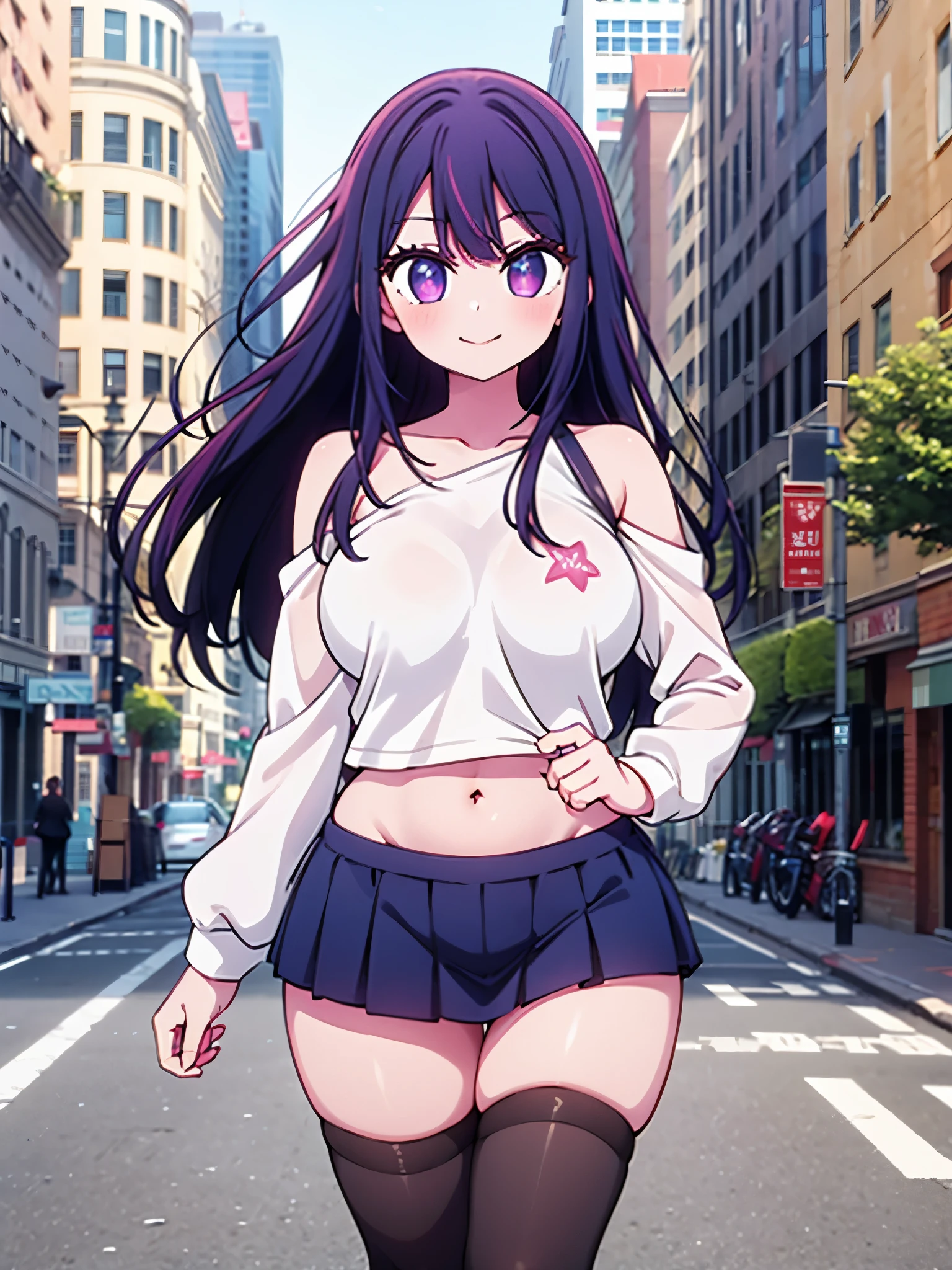 realistic image, coherent image, detailed image, 1 beautiful girl. She has purple hair, long hair. Her eyes are berry pink, with a six-pointed star in each of her eyes, long eyelashes. Her face is oval and delicate, smiling. She is wearing a long-sleeved off-the-shoulder t-shirt, showing her navel, pleated mini skirt, sneakers, she has a curvy body, medium breasts, thick thighs, urban background, surrounded by buildings, natural lighting, volumetric lighting,