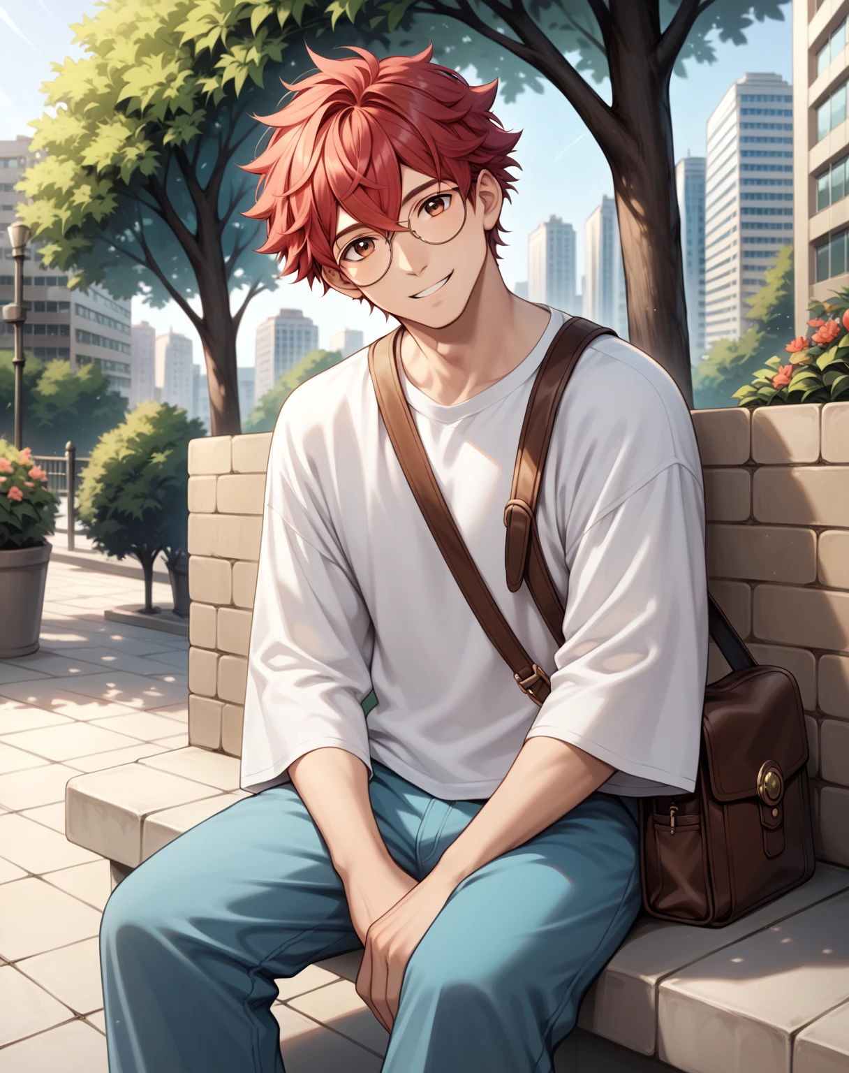 core_9,score_8_up,score_7_up,),score_9,score_8_up,score_7_up, {{anime, cowboy shot, source_anime, outdoors, city, park, colorful, vibrant, looking at viewer, solo, sitting on ledge}} male, handsome, cute, crimson hair, short hair, fluffy hair, round eyewear, crossed bangs, baggy pants, oversized shirt, satchel, gentle smile, head tilt.
