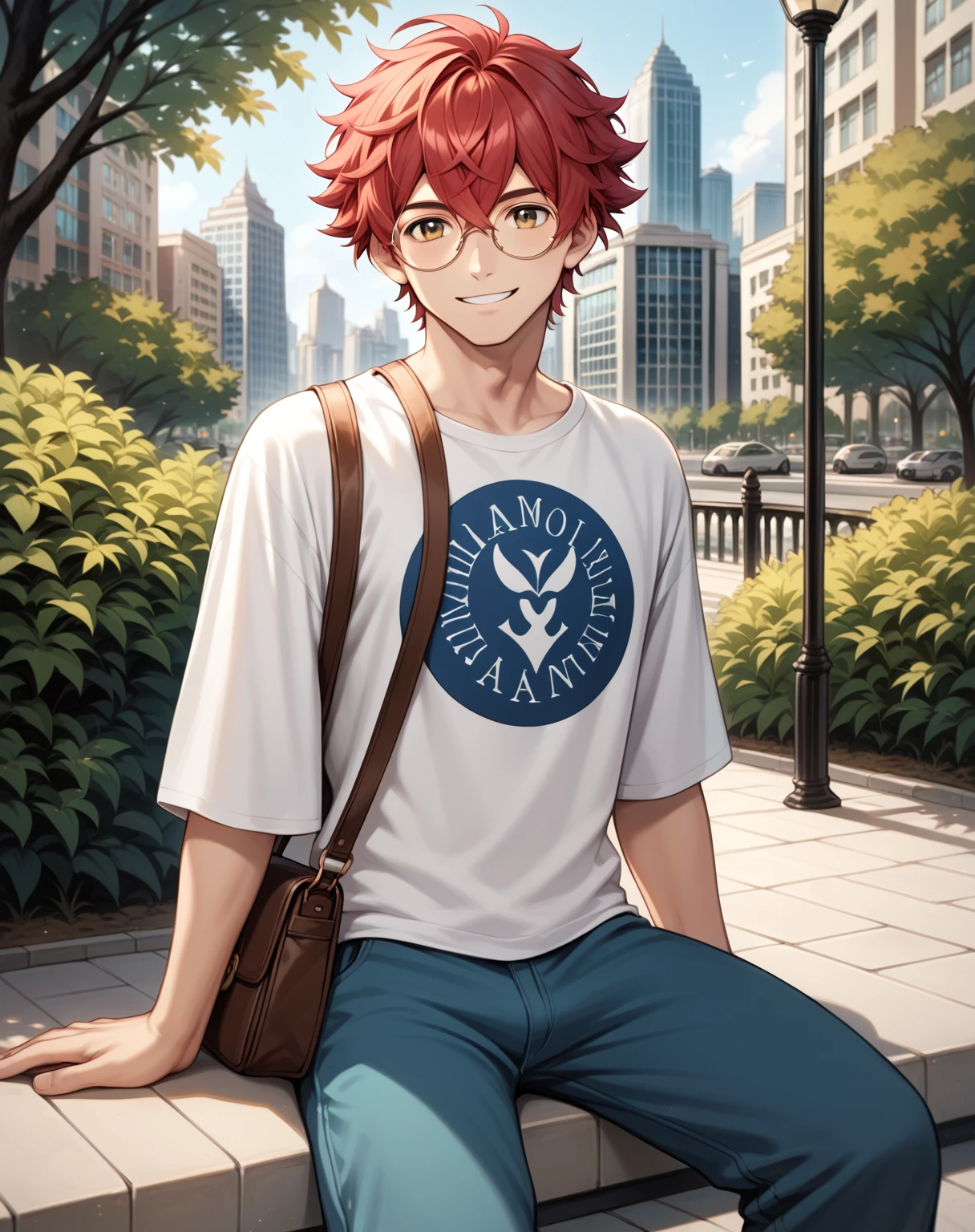 core_9,score_8_up,score_7_up,),score_9,score_8_up,score_7_up, {{anime, cowboy shot, source_anime, outdoors, city, park, colorful, vibrant, looking at viewer, solo, sitting on ledge}} male, handsome, cute, crimson hair, short hair, fluffy hair, round eyewear, crossed bangs, baggy pants, oversized shirt, satchel, gentle smile, head tilt.
