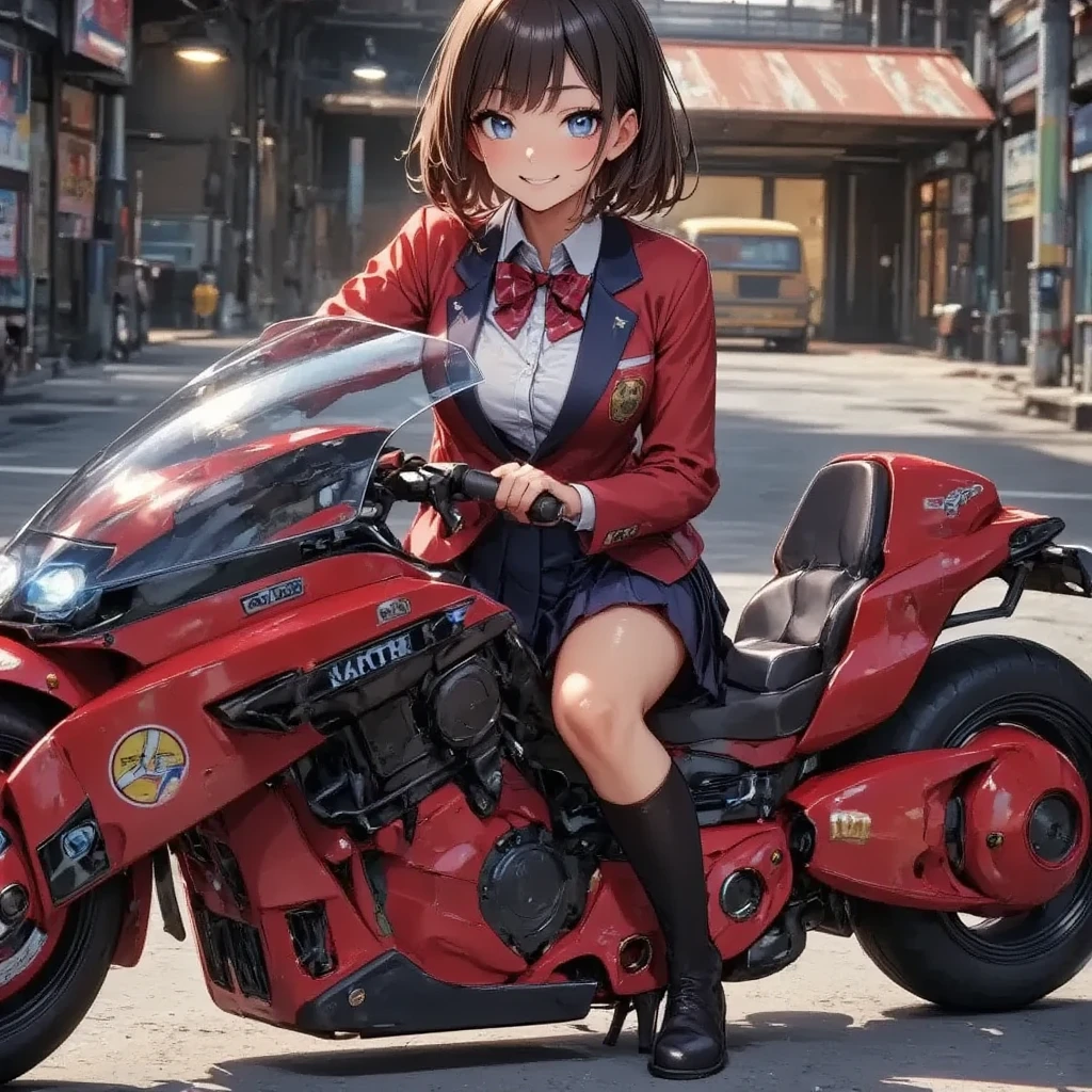 1girl,Sitting,Akira Bike,Lean back,Put your foot forward,Large scooter,Very low seat,Low vehicle height,beautiful eyes down to the smallest detail,Beautiful lips down to the last detail,very beautiful eyes down to the smallest detail and face,long eyelashes,school uniform,masterpiece,high quality, 
(Photorealsitic:1.4),Raw photo,(super realistic details),portlate,Shadow,Beautiful Skin,detailed face and eyes,Glossy lips,female curvy beauty,Striking contrast,8K,ultrasharp,Akira Bike Red,cycling,Cyberpunk City View,Spectacular screen