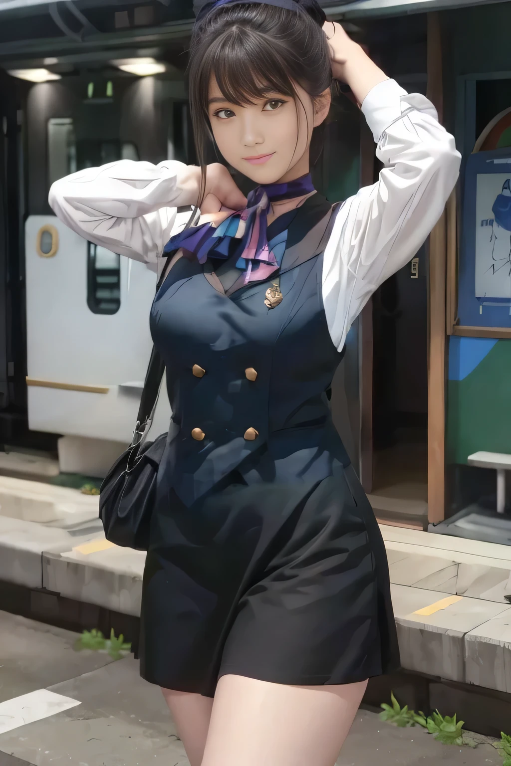 (64k, UHD, Raw photo, highes, Best Quality, mastepiece:2.0), (Ultra-fine depiction of details:3.0) a 18 yo woman, (JK in school uniform, JK suit:1.9), (cowboy shot, full body shot:1.3), (long black hair, single braid bun, double bun), bright theme, cherry blossoms, (closed mouth with a faint happy smile), (perfect body, perfect figure), (perfect slender body), (medium breasts, sexy cleavage:0.7), (perfect, flawless, natural skin texture, hyperrealism, effective front light, sharp), (perfect and effective front lighting:1.4)
