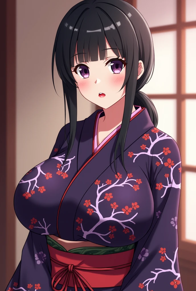 　A beautiful 15-year-old Japanese princess from the Sengoku period with long black hair　Gorgeous embroidery, Ultra glossy, She is wearing a shiny Edo-period princess kimono.　She takes out her nipples and squeezes out the milk