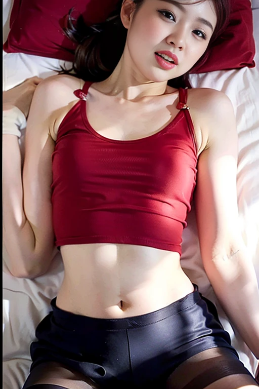 (highest qualityr:1.1), (masterpiece:1.4), close-up, 1woman only, Momovelia Deviluk, Hair Ornaments, Bob Cuts, Short-haired Pink Hair, One Black Eye, Medium Chest, ((Knitted Tops )), Seductive look, bedroom, (red blush:1.2)、embarrassed expression,(((Black high socks))), on the beds,((Thigh-high leggings)),((Denim miniskirt)),(( Sleeveless knitwear))