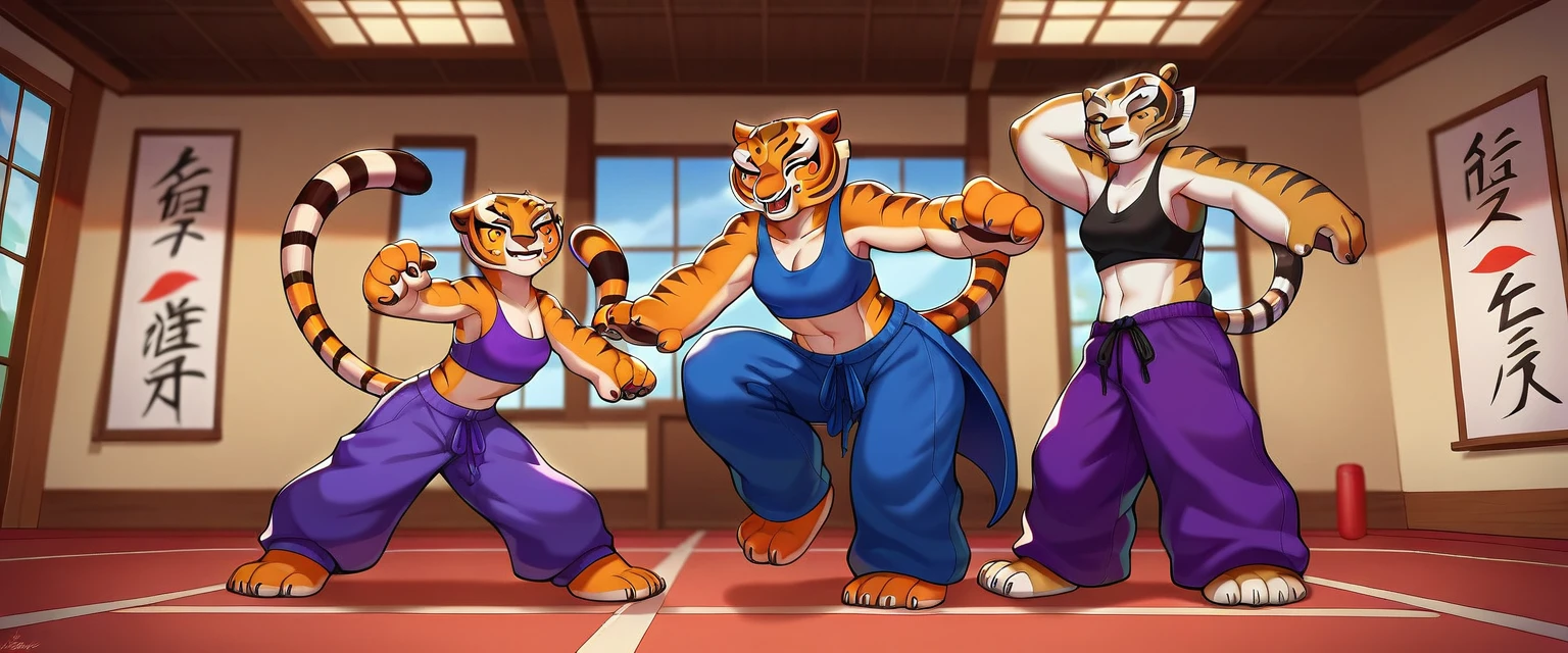 (Caucasian ethnicity) masterpiece , 4k,  lyrics, Tigress\(kung fu panda\), Mother and daughter, Purple Pants,  loose pants , plain pants,  martial arts pants , blouse,  bare shoulders , Home, madre Tigress huele el trasero de su hija