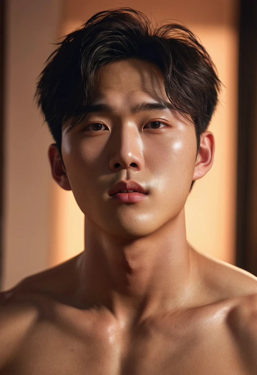 Korean male portrait, Korean handsome face, perfect face, muscular body, half naked, big fluffy breasts muscle, deliberate, masterpiece, best quality, highest quality, cinematic lighting, very handsome, ultra realistic, gorgeous,