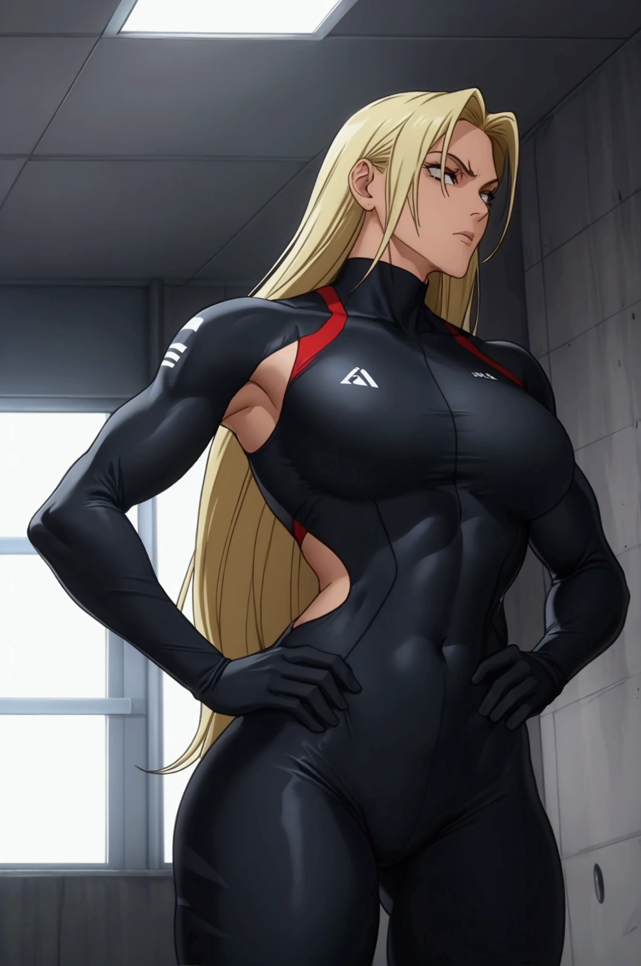 a woman with an athletic build with a serious and confident expression. She has long blonde hair, loose and straight, that falls down her back. He wears a dark-colored one-piece tight-fitting suit, possibly a combat or training suit, which enhances his figure and gives him an elegant and powerful appearance.

His posture is firm, with one hand on his hip, highlighting an attitude of confidence and determination. His gaze is fixed forward, and the lighting highlights his features, giving him an appearance of strength and character. The background suggests that it is in a closed environment, probably a modern building or a training facility.