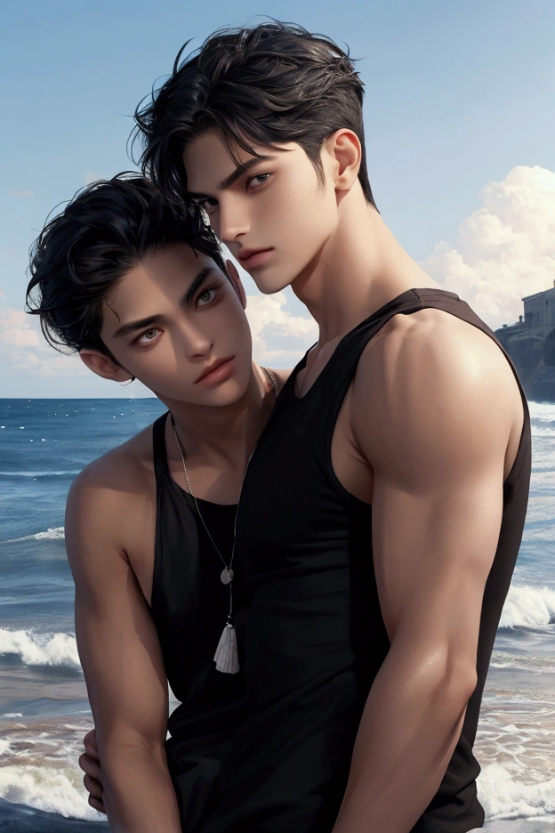 sexy guy, slim body, shirtless in a thong, on the beach, having a flirting expression on his face, hairy armpits and pubes, beautiful eyes