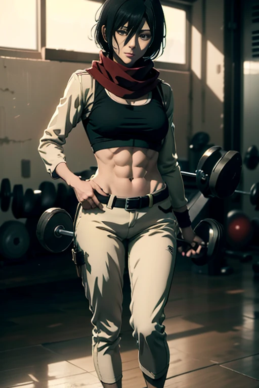 (masterpiece,  superior quality ,  best quality ), anime character, mikasa, filtro attack on titan, woman, gym, lifting weight, short hair,  black hair , red scarf, shoes,crop top shirt, abs, short , Nike sneakers,