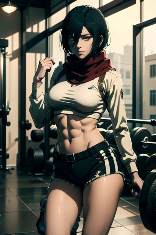 (masterpiece,  superior quality ,  best quality ), anime character, mikasa, filtro attack on titan, woman, gym, lifting weight, short hair,  black hair , red scarf, shoes,crop top shirt, abs, short , Nike sneakers,