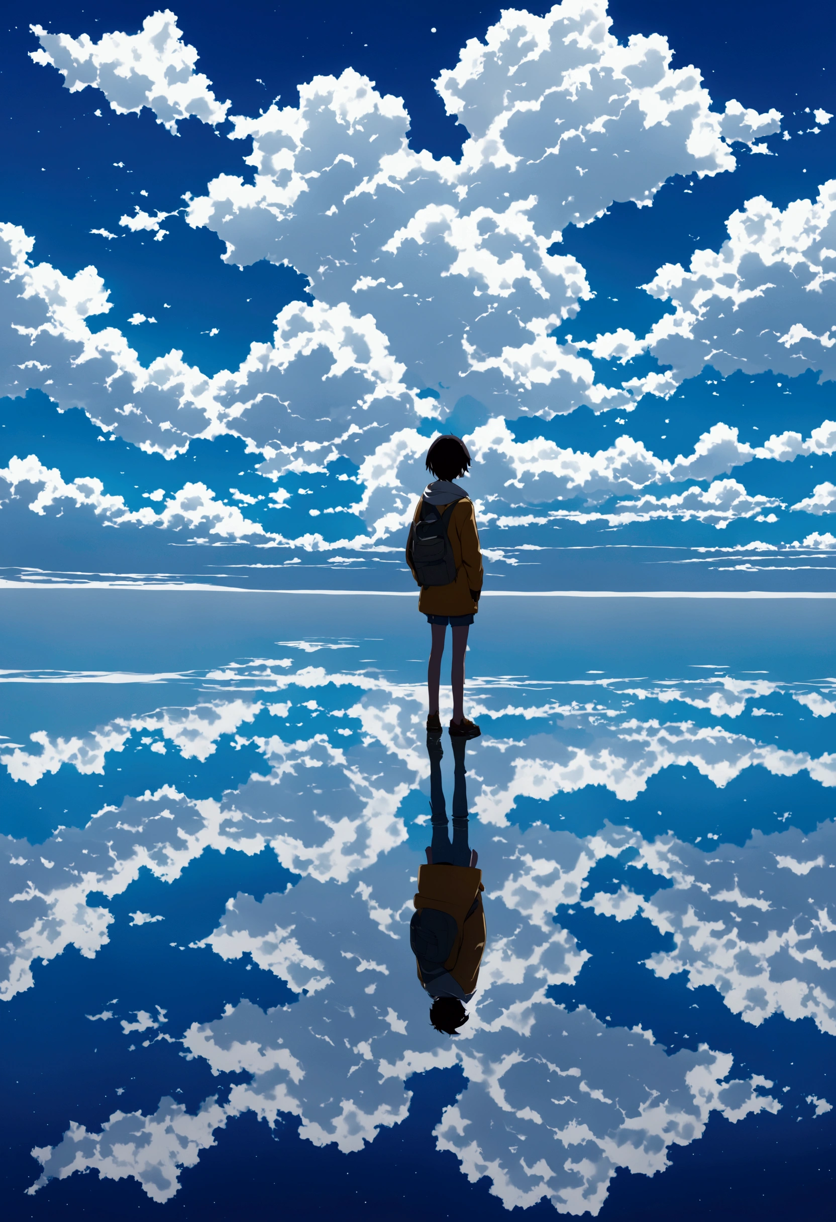  Draw simple art in the Tintinpixai style ,  a  in a large body of water with clouds in the sky, In the Uyuni salt flats, Incredible reflections  del cielo, Incredible reflections , Beautiful reflection, Impressive photo,  Epic and impressive ,  Crossing the Blue Horizon , anime beautiful peace scene,  anime-realistic anime-realistic !!!!!!!!!  nostalgic animated art background , Makoto Shinkai!!,  anime movie background the best of seaart hd 8k 
