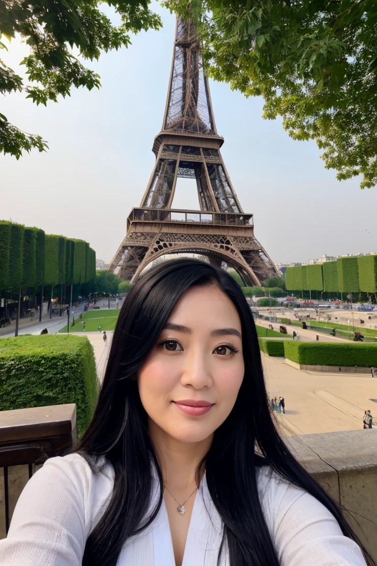  A 36-year-old woman takes a selfie from the first perspective of the Eiffel Tower。Oriental woman with round face, full chest, long black hair 。Light makeup for plain skin、Wear casual clothing from high-end brands、Body size about 110 kg 。Smile。