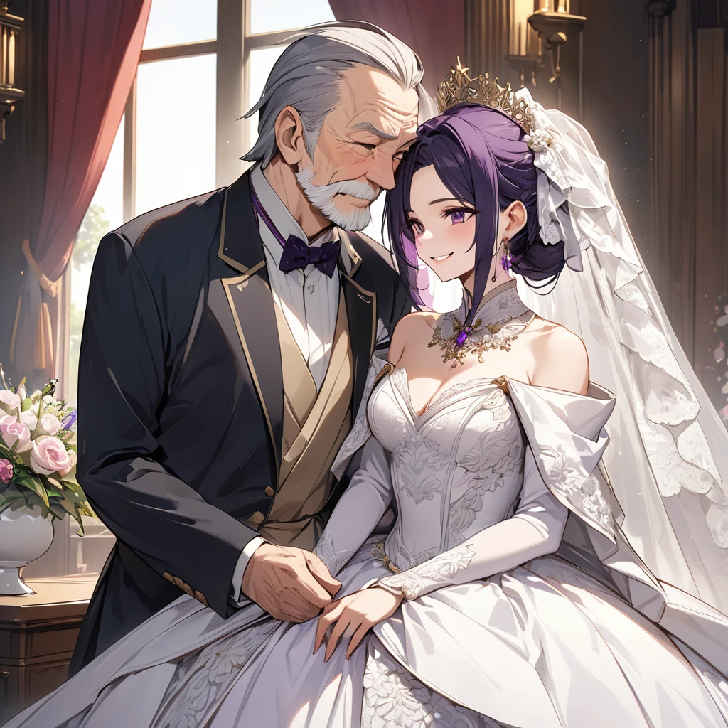 ((highest quality)), ((masterpiece)), (detailed), (Perfect Face)、The woman is Haruhi Suzumiya, with short brown hair and the wife of a 70-year-old man.、(The woman is wearing a gorgeous, flashy pure white wedding dress and wedding veil, a gorgeous engagement ring and gorgeous jewelry, and is holding her arm around a 70-year-old man wearing a white tuxedo and white tie as they hold their wedding ceremony.)、(The woman snuggles up closely to the 70-year-old man)、The man is 70 years old and is standing close to the woman at a wedding.